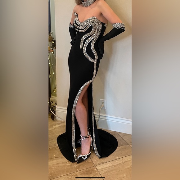 Glamorous Black Albina Dyla inspired beaded gown with gloves and choker - Picture 9 of 9